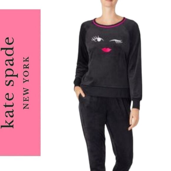 KATE SPADE VELOUR WINKY FACE AND LIPS BLACK VELVET SWEATER SWEATSHIRT LOUNGEWEAR - Picture 7 of 16